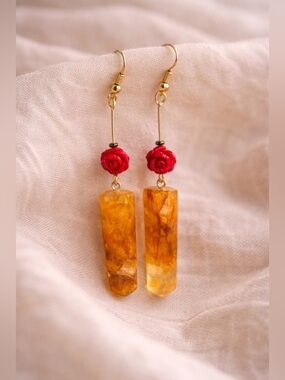 Artisan Hand Crafted Genuine Golden Healer Stone Point Rose 🌹 Dangle Earrings